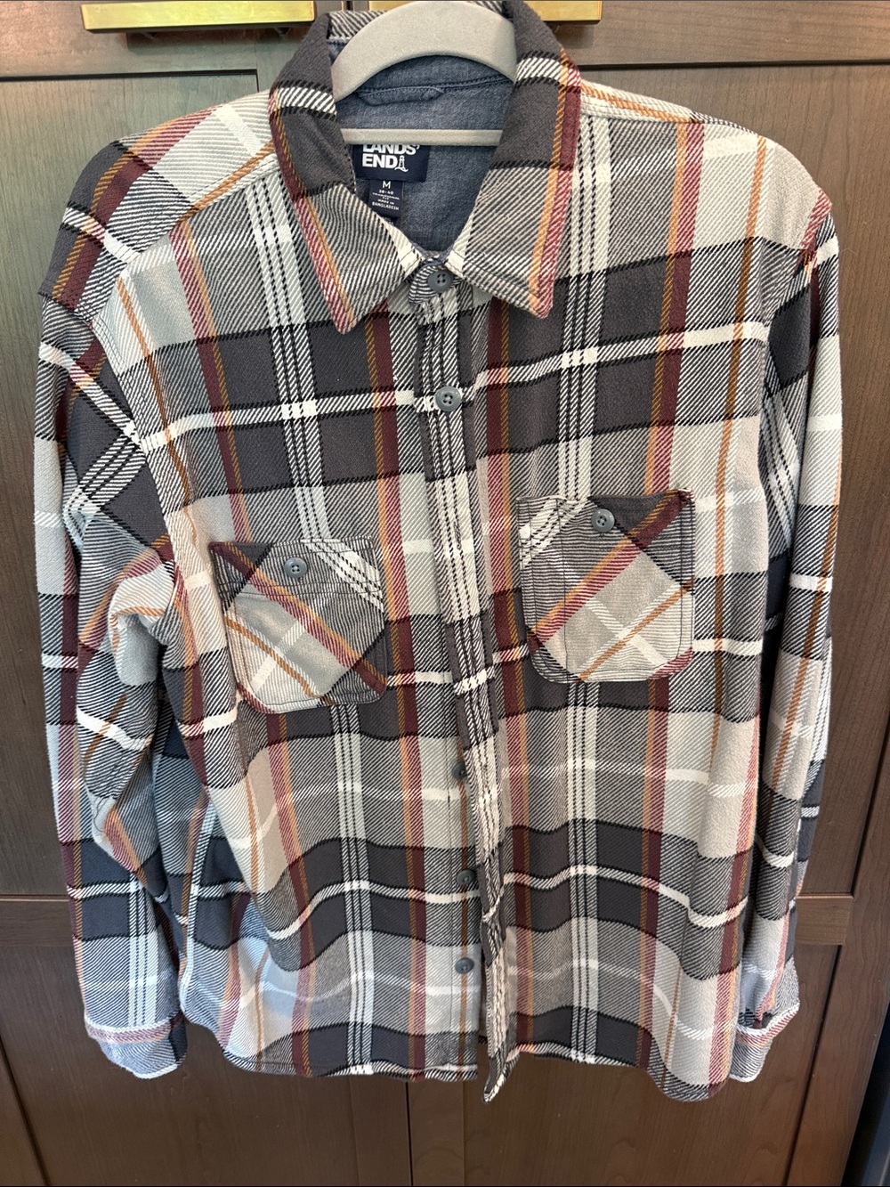 Lands' End Men's Plaid Button-Down Shirt in Gray, Brown and Orange Accents